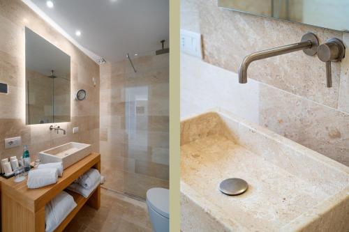 圣特雷莎加卢拉克鲁西亚酒店的浴室的两张照片,配有水槽和浴缸