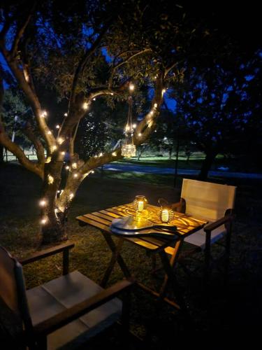 Skála SikiásRiver rooms kriaritsi的树下带蜡烛和灯的野餐桌