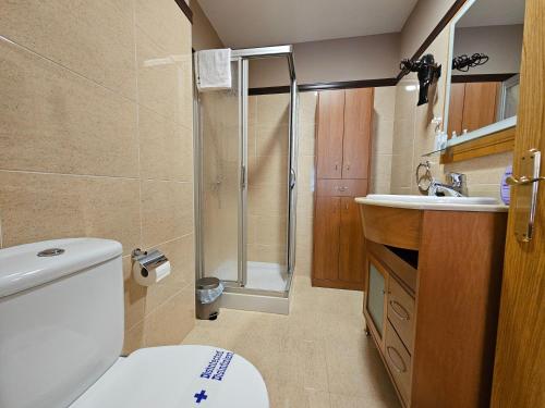 里瓦德塞利亚13B01 Apartamento con terraza y garaje的带淋浴、卫生间和盥洗盆的浴室
