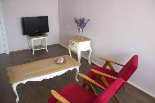 阿利图斯Vakaro Namai的客厅配有桌椅和电视。