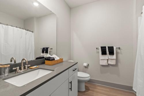 坦帕Luxury Condo in Ybor City Tampa w/Pool access的白色的浴室设有水槽和卫生间。