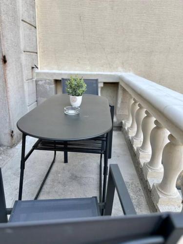 塞夫朗Appartement Élégant proche RER/ CDG / Parc des Expos的阳台上的小桌子上放着盆子