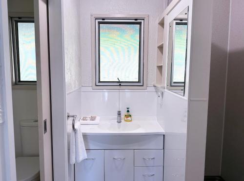 派西亚Haruru Falls Motel & Conference Centre的白色浴室设有水槽和2扇窗户