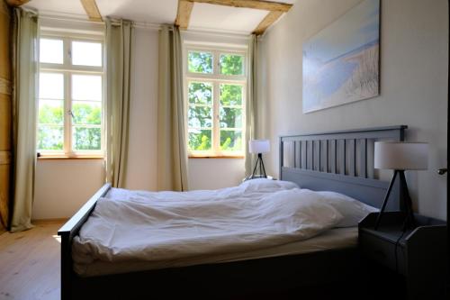 DassowGutshaus FeWo Brook的一间卧室配有一张带白色床单的床和两个窗户。