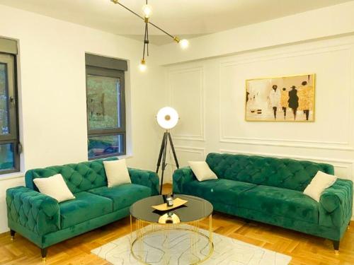 特雷比涅Apartman Barocco的客厅配有绿色沙发和桌子