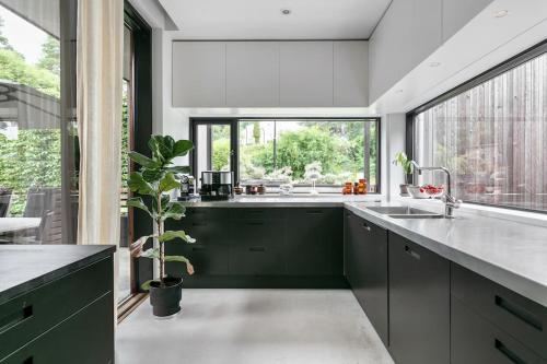 斯德哥尔摩Swedish Elegance & Luxury Home的一个带绿色橱柜和大窗户的厨房