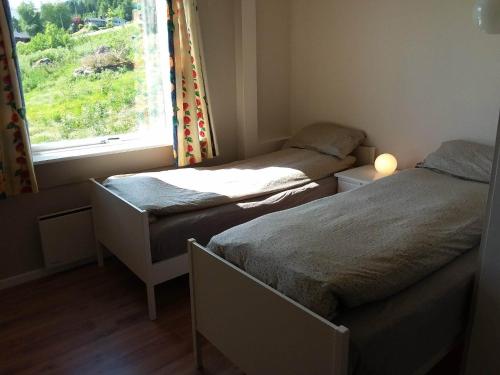 ÅrdalLake View Holiday Stay in Jølster的小型客房 - 带2张床和窗户