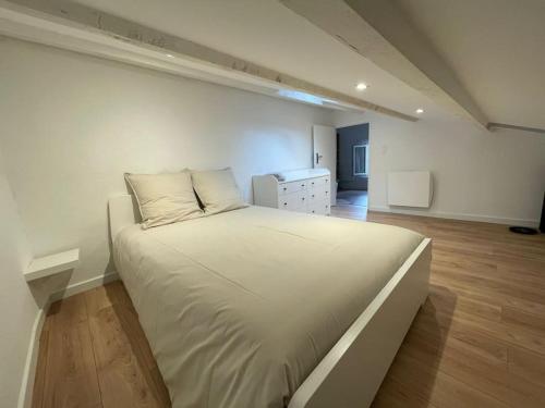 里耶Duplex sous les toits的铺有木地板的客房内一张大白色的床