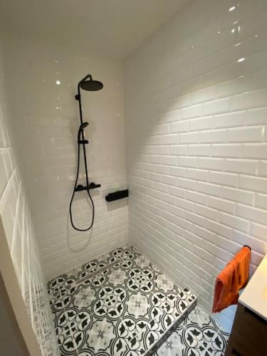 圣利芬斯－豪特姆Paardenhuisje的带淋浴的浴室,铺有瓷砖地板。