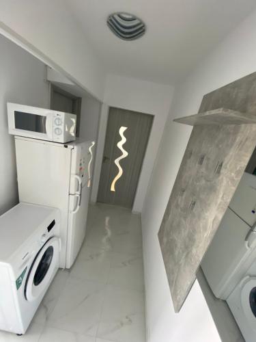曼加利亚Apartament in Mangalia的小厨房配有洗衣机和洗衣机