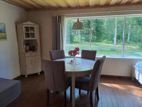 NedsajaNedsaja metsamaja ja saun的一间带桌椅和窗户的用餐室