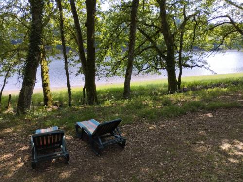 Saint-Julien-le-PetitLa caravane nature的两把长椅坐在一个公园里,靠近一排水面