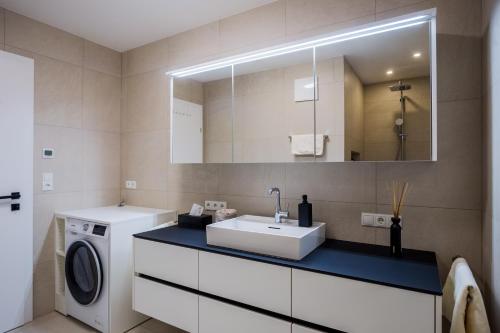 因斯布鲁克Moderne Wohnung mit Terrasse的一间带水槽和洗衣机的浴室