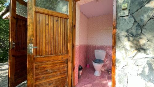 KerbenBirchy Island的一间带卫生间和木门的浴室