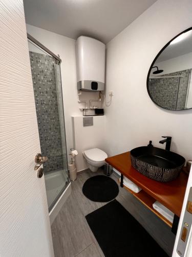 陶比斯特拉Heaven`s cabins的一间带水槽、卫生间和镜子的浴室