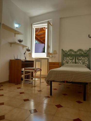 伊斯基亚Villetta Panoramica的一间卧室配有一张床、一张书桌和一个窗户。