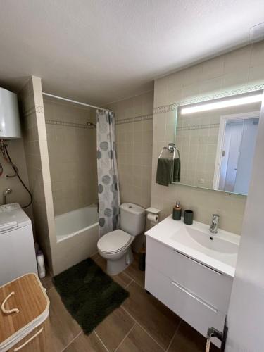 艾姆布里亚布拉瓦Appartement 1 chambre climatisé avec 3 piscines à 200 m de la plage的浴室配有卫生间、盥洗盆和浴缸。