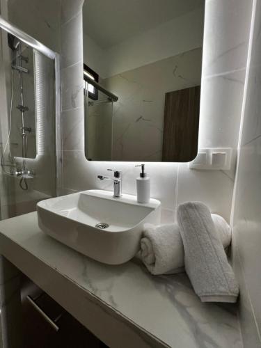 LadharióNaiades Villas Aigli的白色的浴室设有水槽和镜子