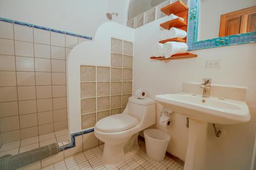 曼努埃尔安东尼奥Hotel Planeta Sano的一间带卫生间和水槽的浴室