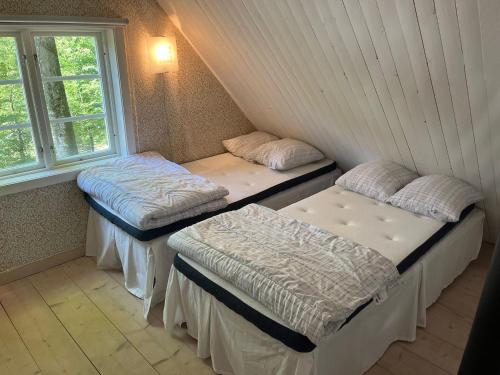 Skånes FagerhultBlueberry Hill的客房设有两张床和窗户。