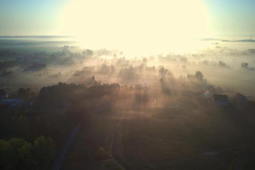 Henryków LubańskiDom Mili的一片绿地,树和太阳在后面