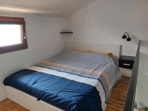 莱萨布勒-多洛讷Maisonnette Les Sables的一间卧室配有一张带蓝色棉被的床和窗户。