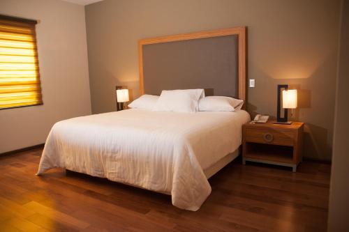 蒙特雷MBM红太阳酒店的卧室配有一张带白色床单和枕头的大床。