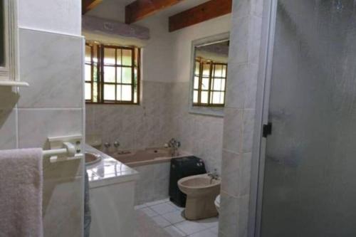 安德伯格The Underberg Cottage的带浴缸、卫生间和盥洗盆的浴室