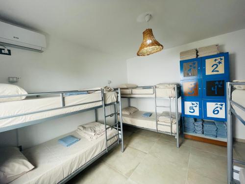 伏罗拉Adriatic Hostel Vlora的带三张双层床和一盏灯的房间