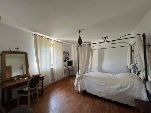 埃加利埃Chambre d'hôte au cœur de la Provence Eygalieres的一间卧室配有一张床、一张书桌和一面镜子