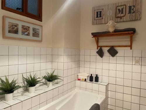 BallévilleGîte de Solama avec SPA的浴室配有带盆栽植物的浴缸