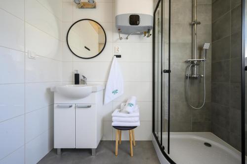 雅罗斯瓦维茨Resort Za Lasem的带淋浴、盥洗盆和浴缸的浴室