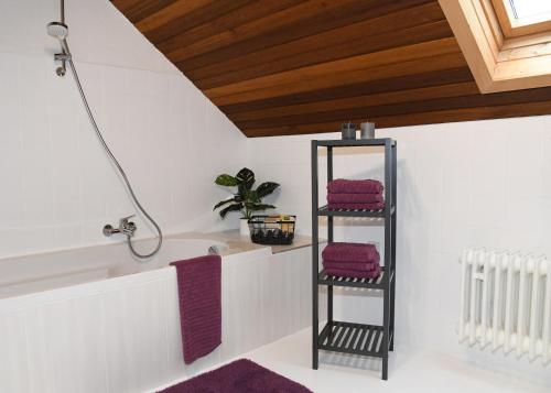 蒙绍Ferienhaus Dröfter Blick的浴室提供黑色毛巾架和紫色毛巾