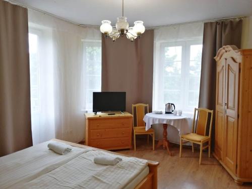 克雷尼察Rezydencja Zamek的一间卧室配有一张床和一张桌子及一台电视