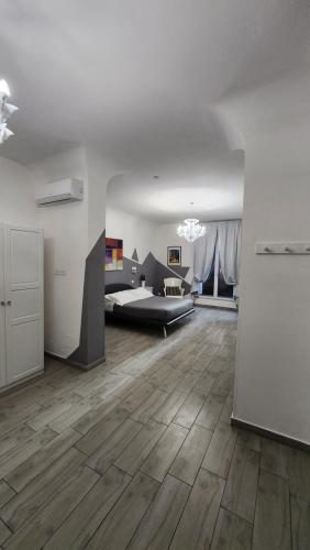 卡塔尼亚埃特纳套房旅馆的带沙发和木地板的大型客厅