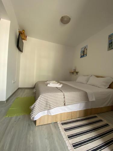萨图恩Casa Ancutei的一间卧室配有一张大床和地毯。