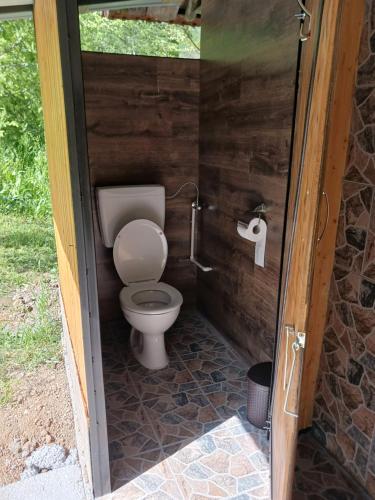 CiunganiCamping Ciungani的木制摊位内带卫生间的浴室