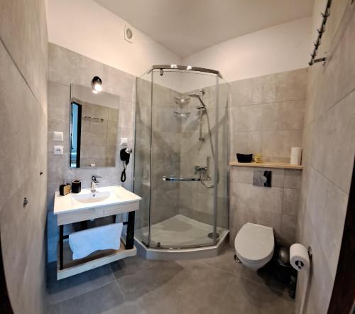 斯罗姆韦斯尼Willa Sawina的带淋浴、卫生间和盥洗盆的浴室