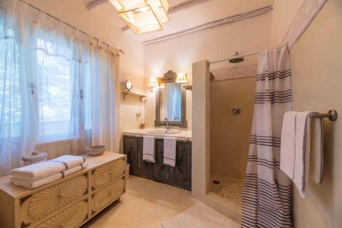 马林迪DIAMOND HAVEN in MALINDI的带淋浴、盥洗盆和镜子的浴室