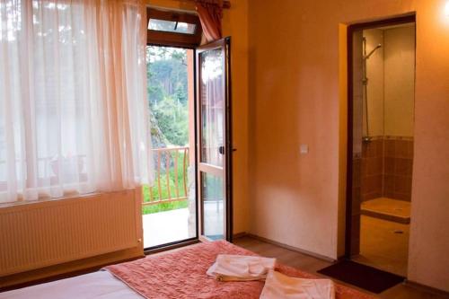 YundolaVila Katerina的一间卧室设有一张床、一个窗口和淋浴