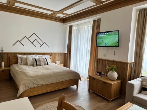 拉兹洛格Pirin Golf & Spa Greenside Studio的一间卧室配有一张床和一台平面电视