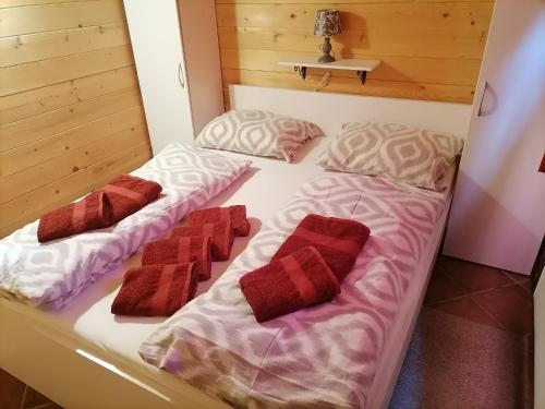 PobegiApartma Suzy的宿舍间内的两张床,配有红色枕头