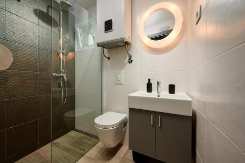 斯拉汀Apartments Ziggy Star的浴室配有卫生间、盥洗盆和淋浴。