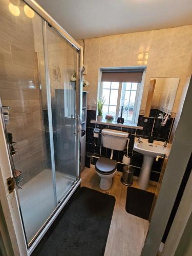 都柏林Private room in Dublin的带淋浴、卫生间和盥洗盆的浴室