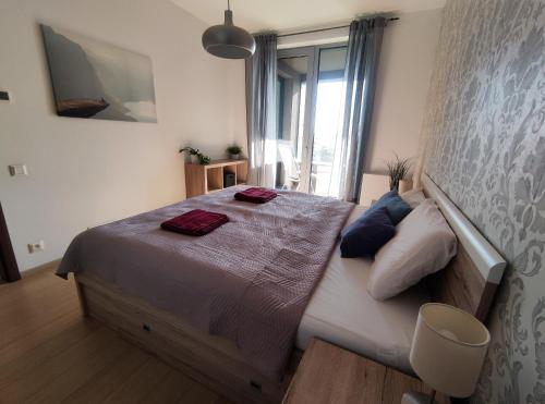 布拉迪斯拉发Cozy 2 rooms flat - Castle view的一间卧室配有一张带两个枕头的床