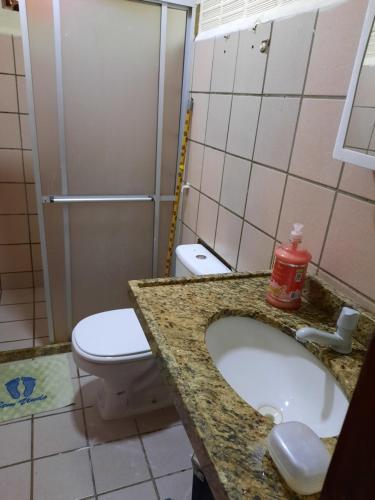 格拉瓦塔Casa Frio da Serrinha Gravatá的一间带卫生间和水槽的浴室
