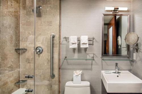 纽约纽约曼哈顿/时代广场费尔菲尔德客栈的浴室配有卫生间、盥洗盆和淋浴。