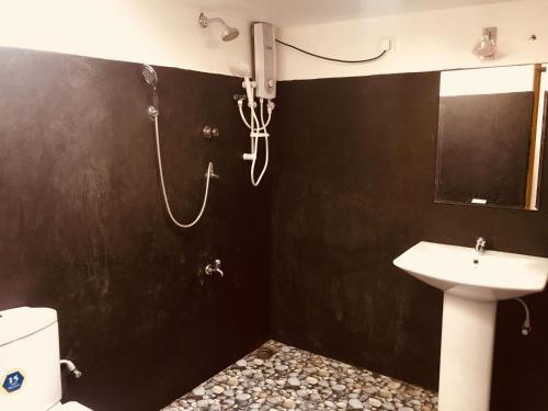 达瓦拉维Wild Eagle Safari Resort的带淋浴和盥洗盆的浴室