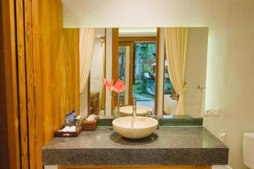 乌布Taman Amartha Hotel的一个带碗水槽的柜台浴室
