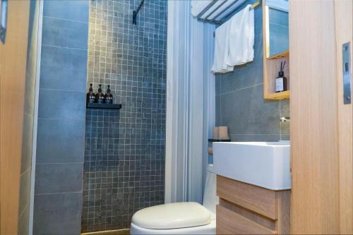 北京北京合德缘四合院酒店的浴室配有卫生间、盥洗盆和淋浴。